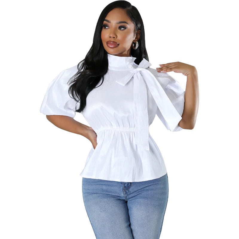Women Fashion Casual Floral Printed Stand Neck Lace-Up Short-Sleeve Blouse