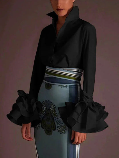 Women Casual Solid Color Lotus Leaf Sleeve Blouse