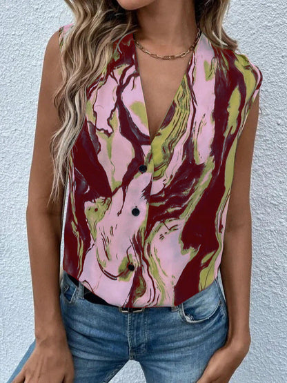 Women Summer Casual Tie Dye Marble Printed V-Neck Button-Down Sleeveless Blouse