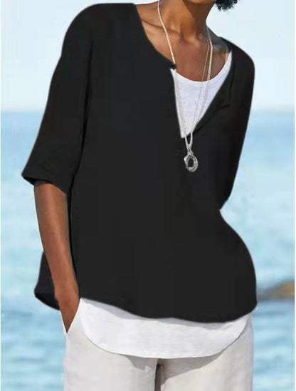 Women Casual V Neck Linen Solid Color Blouse