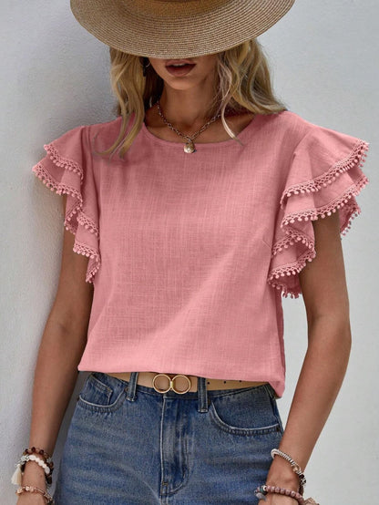 Women Casual Solid Color Round Neck Ruffle Blouses
