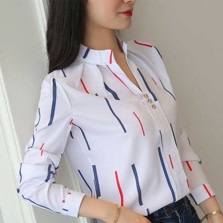 Women Casual Fashion Stripe Pattern Long Sleeve Basic Work Shirt Blouse