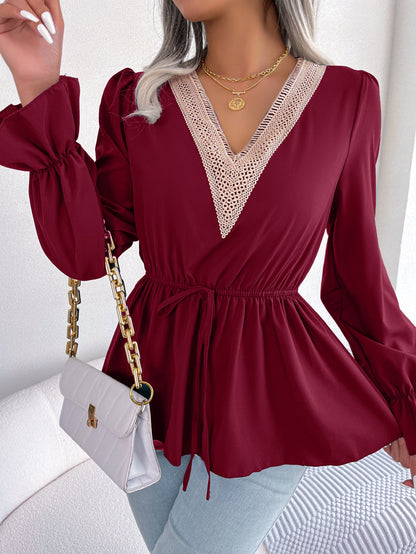 Women Fashion Casual Office V-Neck Lace-Up Defined Waist Ruffled Chiffon Blouse