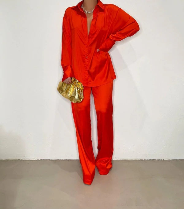 Summer Women Casual Basic Fashion Multicolor Satin Loose Long Sleeves Blouse And Pants Set