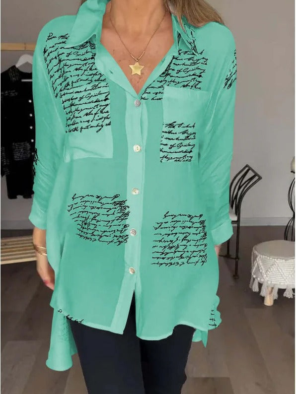 Women Fashion Casual Letter Printed Lapel Long-Sleeve Blouse