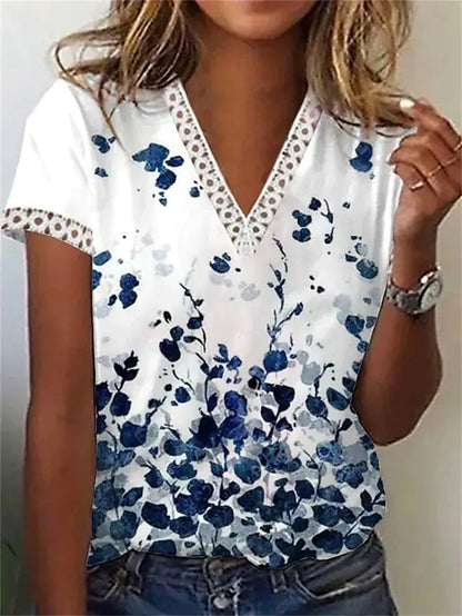 Women Casual Summer V-Neck Lace Feather Floral Printed Short-Sleeved Blouse