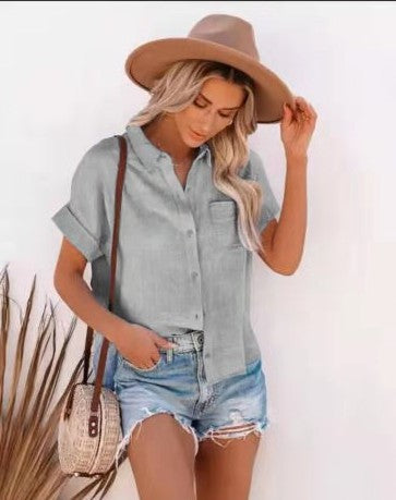Women Fashion Casual Solid Color Short Sleeve Buttoned Knotted Blouse