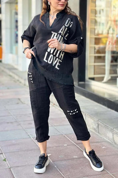 Women Casual Letter Printed V-Neck Half Sleeve Blouse Loose Pants Two-Piece Set