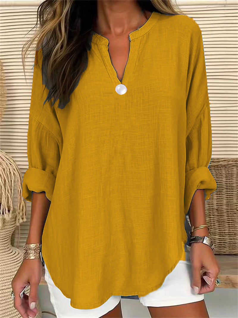 Women Casual Solid Color V-Neck One-Button Loose Blouse
