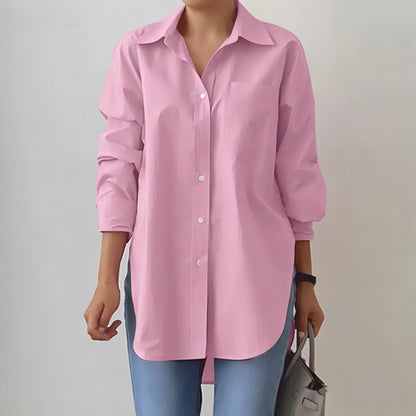 Women Casual Simple Solid Color Lapel Long Sleeve Single Breasted Split Blouse
