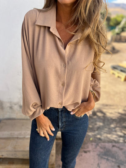 Women Fashion Casual Solid Color Lasel Long Sleeve Button Blouse