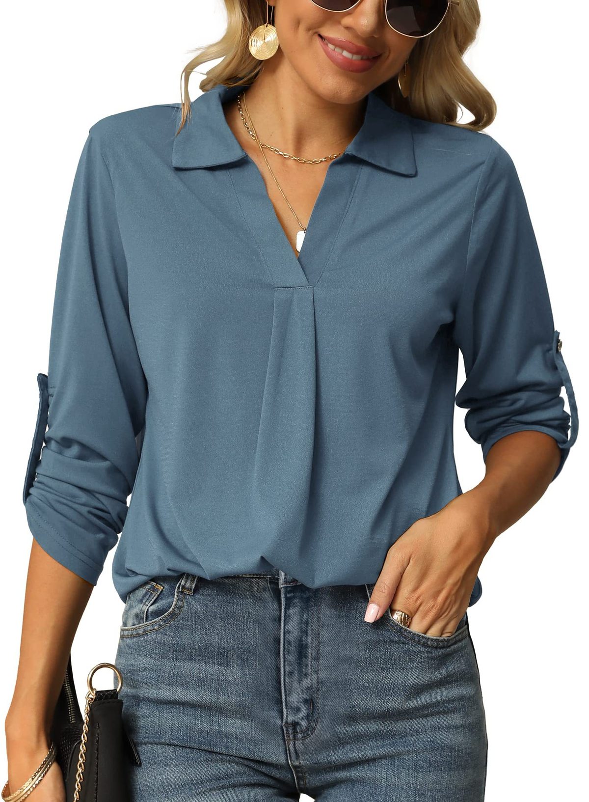 Women Fashion Casual Solid Color V-Neck Long Sleeve Blouse