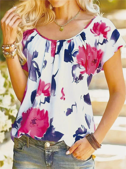 Women Summer Casual Floral Print Round Neck Short Sleeve Blouse