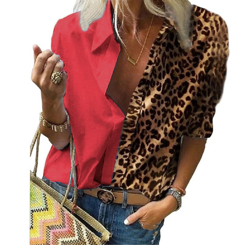 Women Casual Office Long Sleeve Shirt Leopard Print Contrast Loose Chiffon Blouse