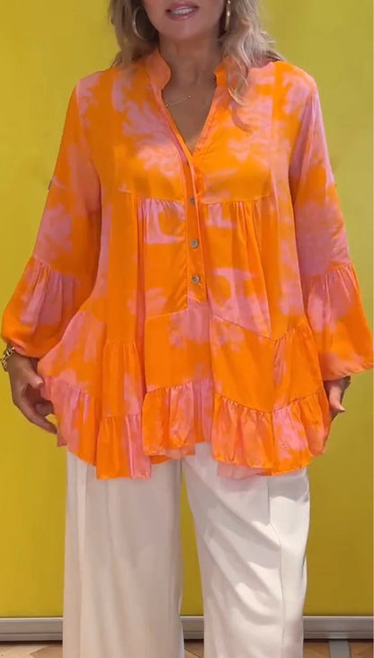 Summer Women Casual Irregular Printed Long-Sleeved Ruffled Blouse