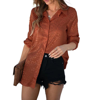 Women Casual Long-Sleeved Lapel Elegant Satin Jacquard Leopard Blouse