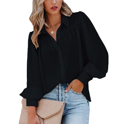 Casual Elegant Women Office Chic Solid Color Lapel Shirt Blouse