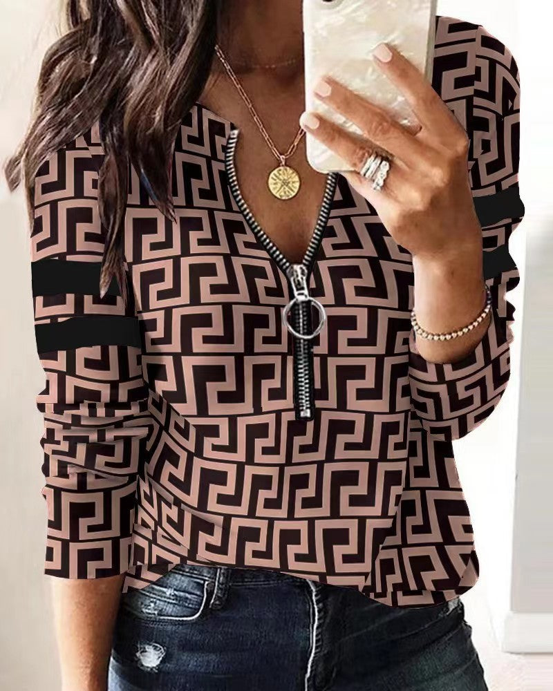Women Casual Fashion Letter Print Zipper Long Sleeves Blouse