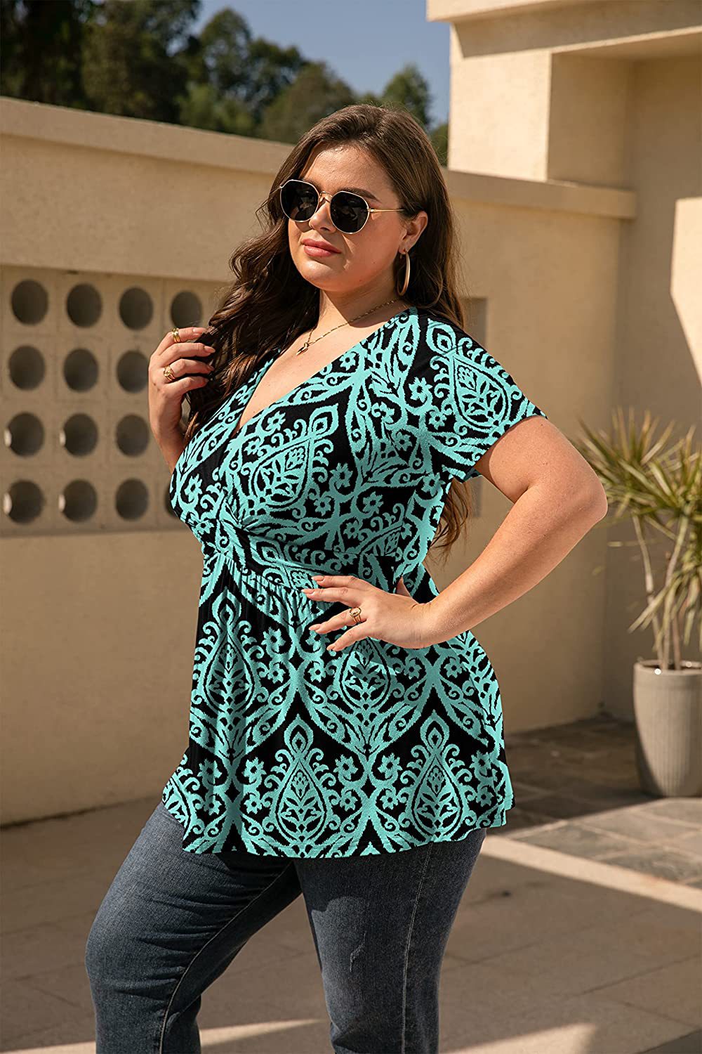 Women Plus Size Floral Print Casual Summer Short Sleeve V Neck Blouse
