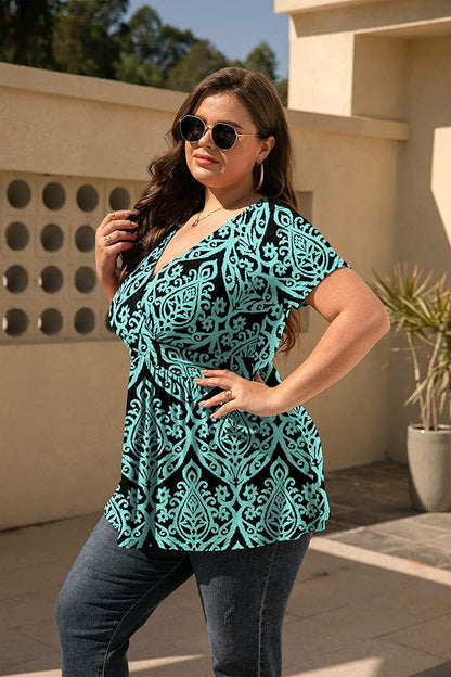 Women Plus Size Floral Print Casual Summer Short Sleeve V Neck Blouse