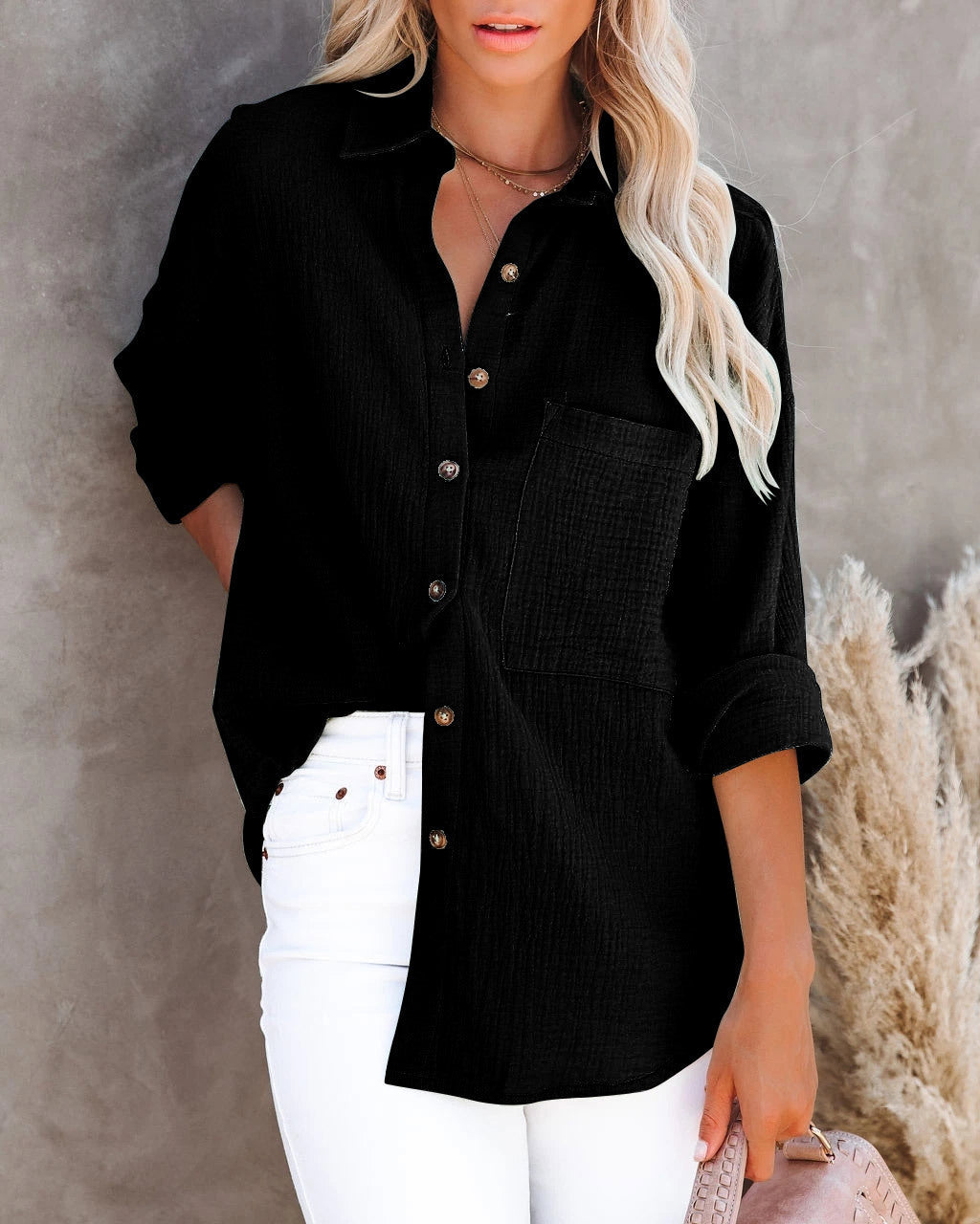 Women'S Casual Long Sleeve V-Neck Button Cotton Linen Blouse