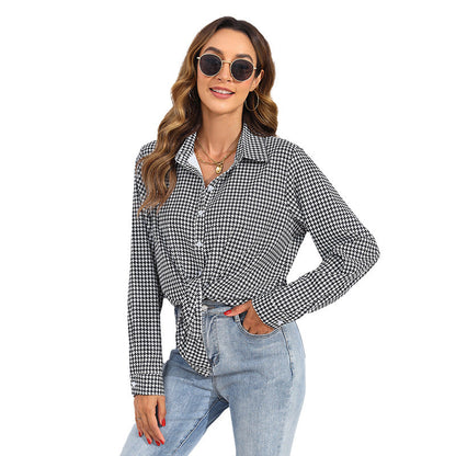 Women Fashion Check Printing Long Sleeve Casual Blouses