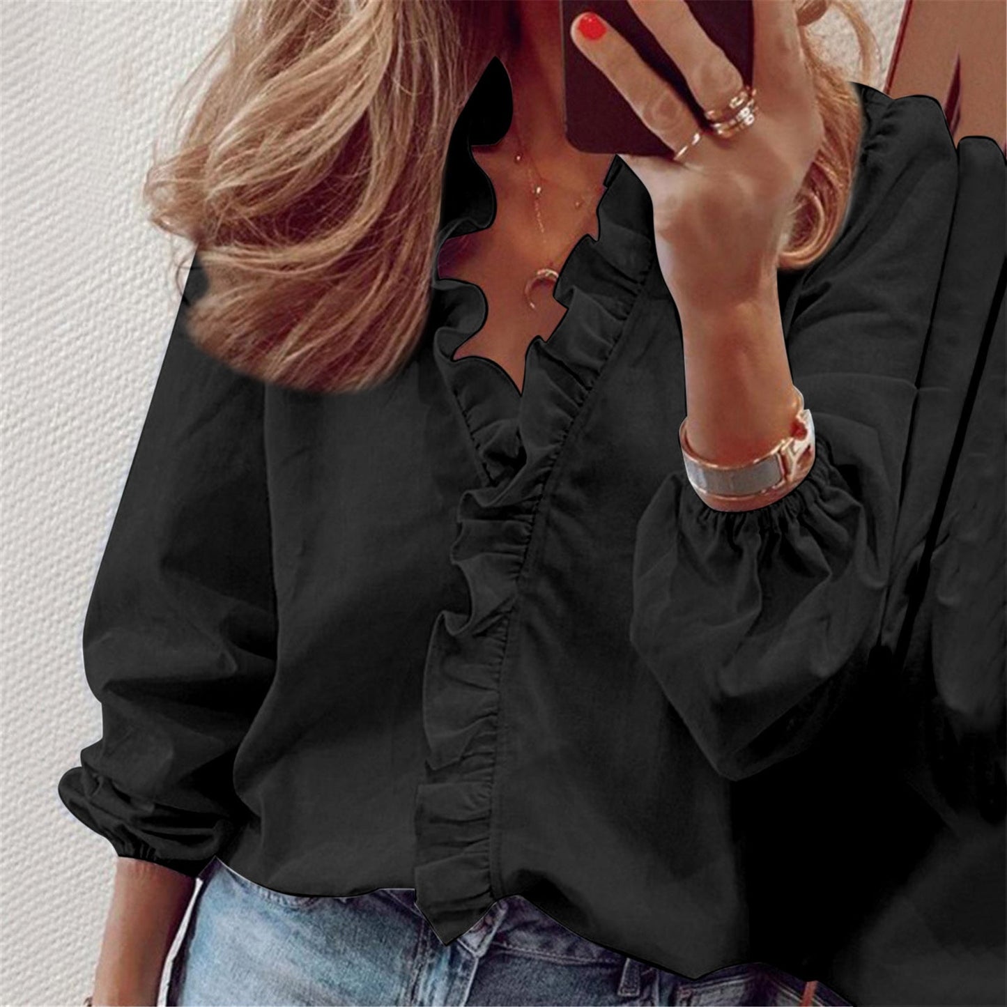 Women Casual V Neck Lantern Sleeve Ruffled Blouse