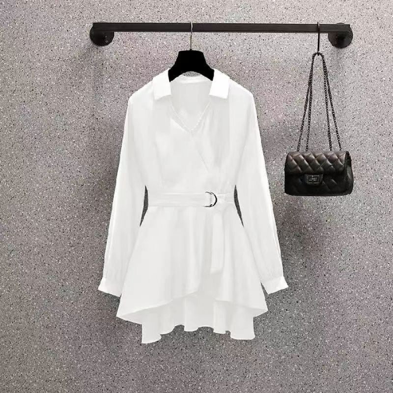 Large Size Women Casual Solid Color Long Sleeve V Neck Loose Shirt Blouse