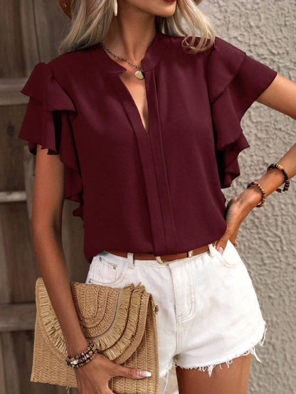 Women Casual Solid Color Summer V-Neck Double-Layer Lotus Leaf Sleeve Blouses
