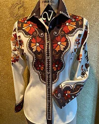 Women Casual Western Geometric Pattern Printed Lapel Long-Sleeve Single Breasted Blouse