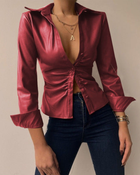 Women Fashion Casual Lapel V-Neck Long Sleeve Stitching Blouse