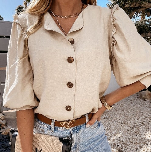 Women Elegant Basic Casual Solid Color Short Sleeves Ruffled Blouse