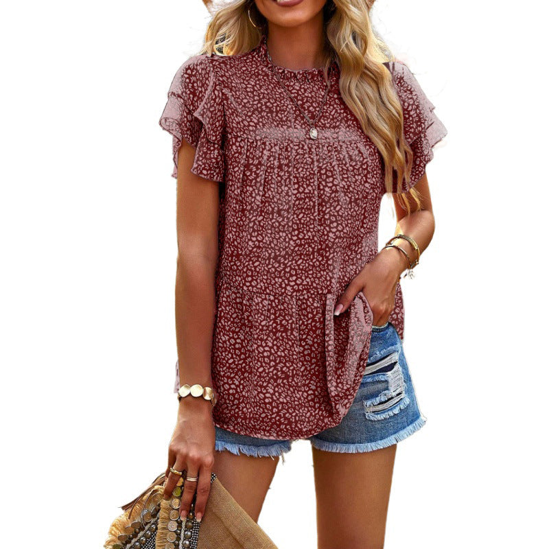 Women Casual Floral Print Ruffled Short Sleeve Round Neck Blouse
