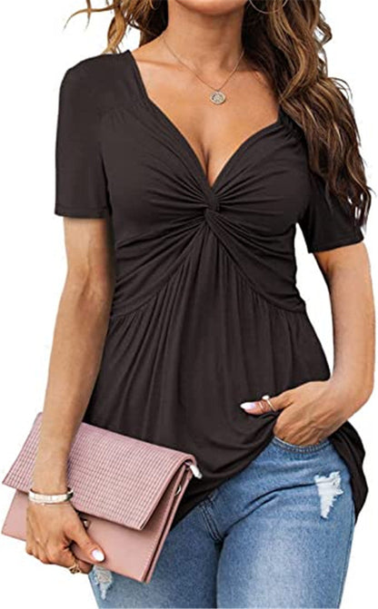 Women Fashion Casual Pleated Solid Color V-Neck Short-Sleeve Blouse
