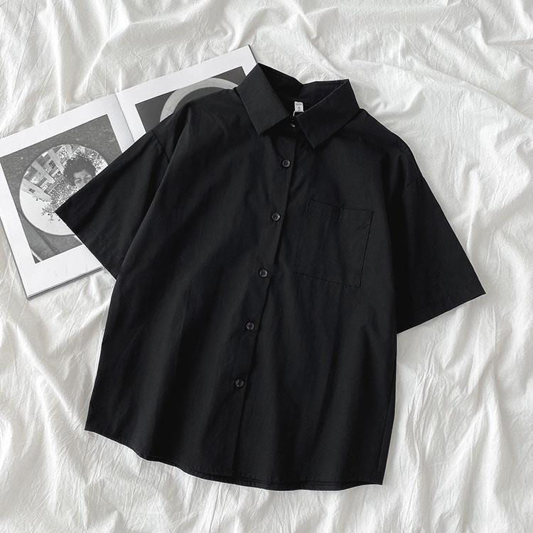 Casual Women Spring Summer Loose Fashion Short-Sleeve Solid Color Lapel Shirt Blouse