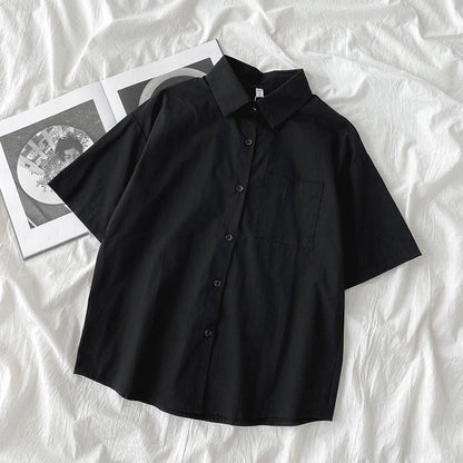Casual Women Spring Summer Loose Fashion Short-Sleeve Solid Color Lapel Shirt Blouse