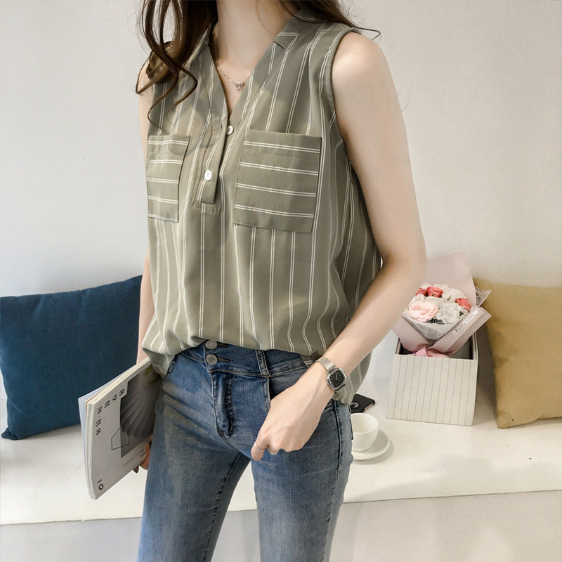 Women Casual Summer V Neck Striped Sleeveless Loose Chiffon Blouse