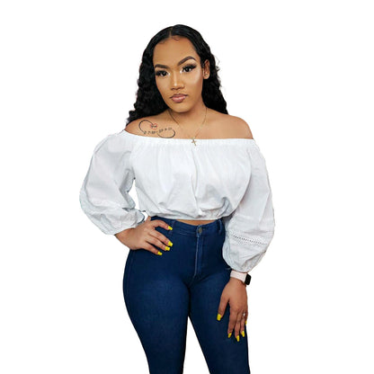 Women Fashion Casual Solid Color Off-Shoulder Long Sleeve Crop Blouse