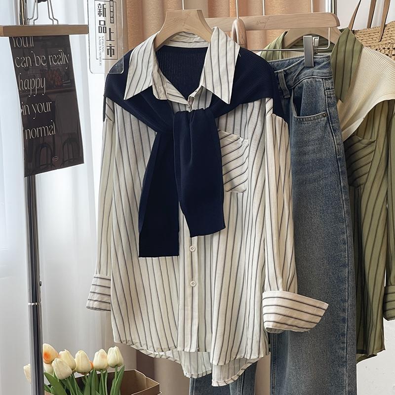 Autumn Shawl Fake Two-Piece Stripe Shirt Women Casual Long Sleeve Lapel Blouse