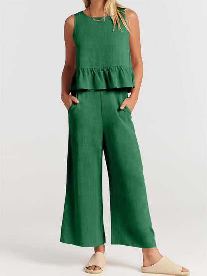 Summer Sleeveless Ruffled Blouse Wide Leg Pants Casual Women Set