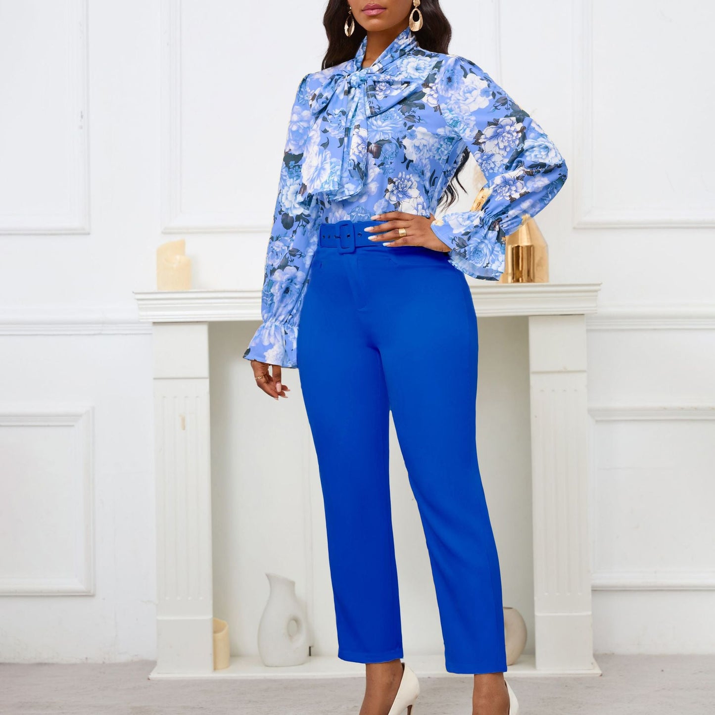 Women Fashion Casual Floral Printing Blouse Solid Color Pants Two-Piece Set