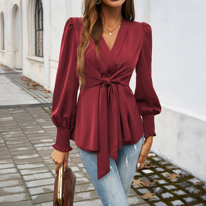 Women Fashion Elegant Casual Solid Color V-Neck Long Sleeve Lace-Up Blouse