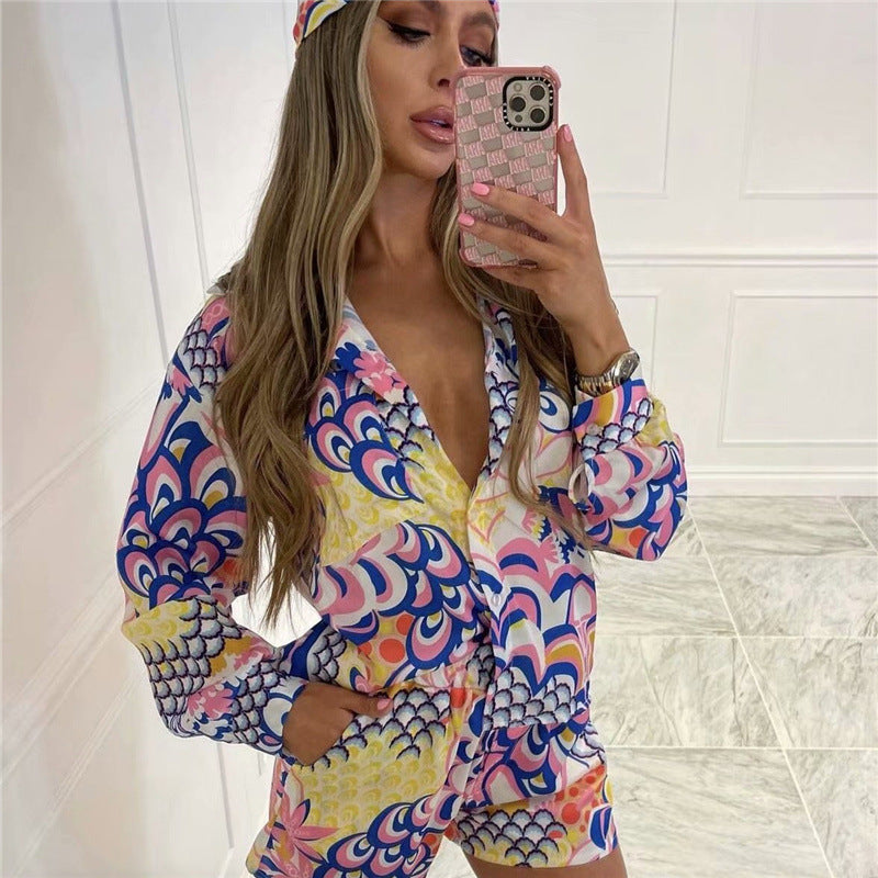 Women Boho Fashion Casual Beach Sunscreen Long Sleeve Shirt Blouse Shorts Set
