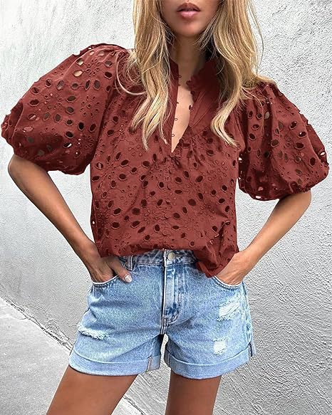 Women Summer Fashion Casual Lantern Sleeve V-Neck Button Hollow Lace Embroidered Blouse