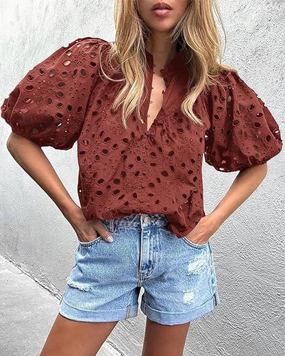 Women Summer Fashion Casual Lantern Sleeve V-Neck Button Hollow Lace Embroidered Blouse