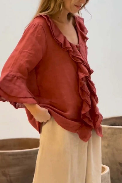 Women Fashion Casual Solid Color V-Neck Ruffled Long Sleeve Loose Blouse