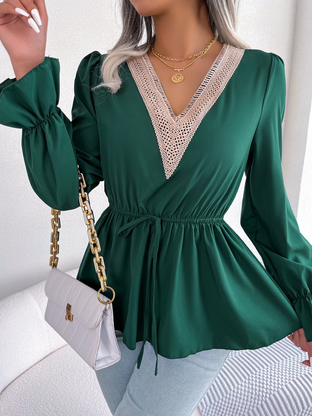 Women Fashion Casual Office V-Neck Lace-Up Defined Waist Ruffled Chiffon Blouse