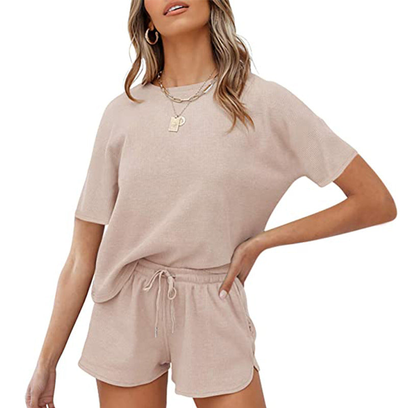 Women Solid Color Casual Homewear Short Sleeve Blouse And Shorts Set