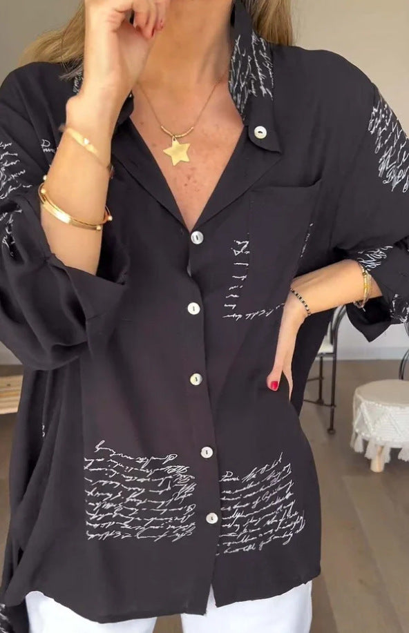 Women Fashion Casual Letter Printed Lapel Long-Sleeve Blouse