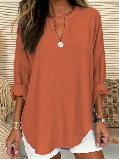 Women Casual Solid Color V-Neck One-Button Loose Blouse